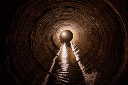 Inside dark round underground urban sewer tunnel.の写真素材