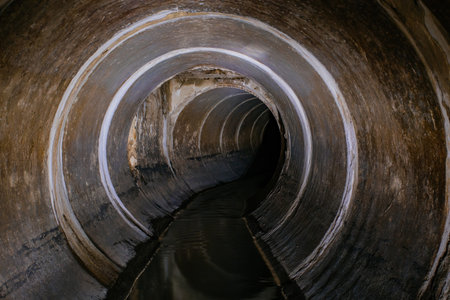 Inside underground urban sewer system. Dirty sewage flowing in round sewer pipe.