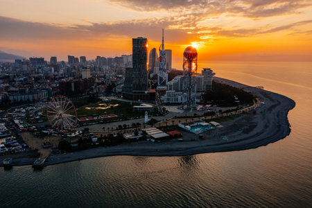 Drone aerial panoramic view of evening sunset at Batumi City, Georgia.の写真素材