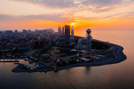 Drone aerial panoramic view of evening sunset at Batumi City, Georgia.の写真素材