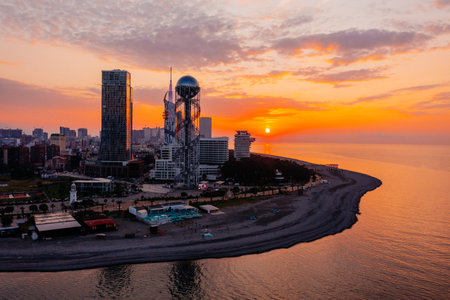 Drone aerial panoramic view of evening sunset at Batumi City, Georgia.の写真素材