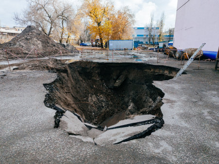 Collapsed asphalt. Large sinkhole on urban road. Deep pit.の写真素材