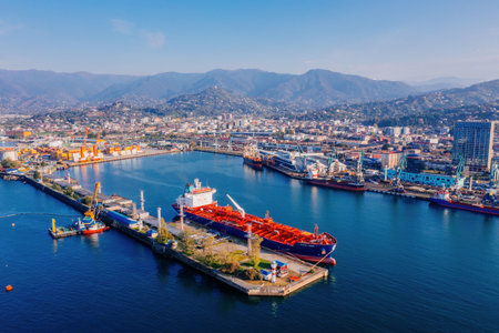 Ship tanker with LPG in Batumi port, aerial view.の写真素材