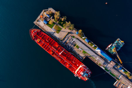 Ship tanker with LPG. Process of loading of tanker, drone aerial top view.の写真素材