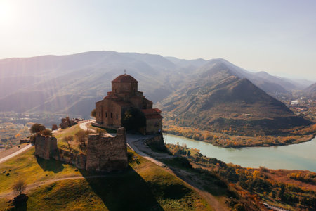 Drone aerial view of Jvari monastery and the mountains in Mtskheta, Georgia.の写真素材
