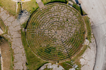 Round spiral labyrinth made of stones, top view from drone.の写真素材
