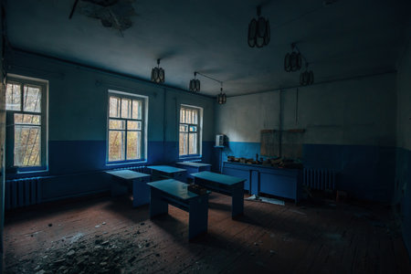 Ruined classroom in abandoned school.の写真素材
