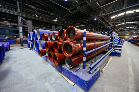 New cast iron pipes for pipeline construction in warehouse.