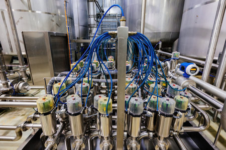 Matrix of mixproof separation valves in modern food or chemical factory.
