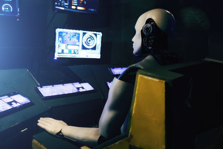 Futuristic robot operates control panel.