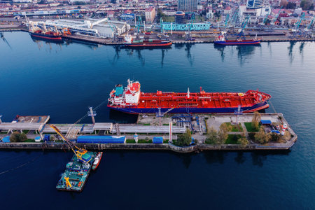 Ship tanker with LPG in Batumi port, aerial view.
