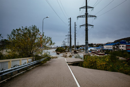 Damaged concrete bridge over mountain river. Consequences of flood.