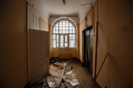 Inside old Creepy asylum for the insane. Dark abandoned mental hospital.の写真素材