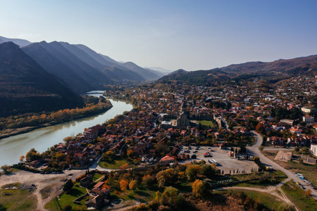 Drone aerial view of Svetitskhoveli Cathedral in Mtskheta.