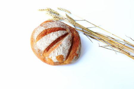 A loaf of white bread and wheat ears on white backgroundの写真素材