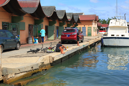 a young boy is fishing from the pier on a backyard.のeditorial素材