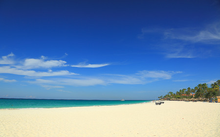White sand beach and turquoise water ocean on green palm trees and blue sky background.の写真素材