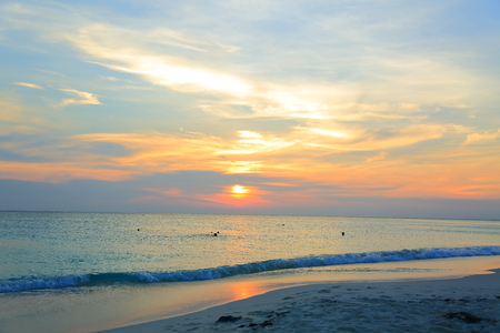Amazing beauty colorful sunset on the Caribbean. Aruba island. Unforgettable view. Amazing background.の写真素材