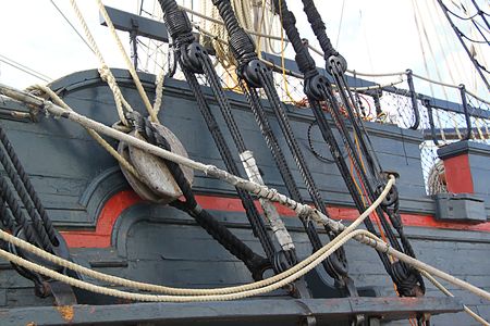 Detail of mast of ship. Detailed rigging with sails. Vintage sailing ship block and tackle.の写真素材