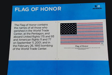 Description of the Flag of honor on 9/11 Memorial.New York.のeditorial素材