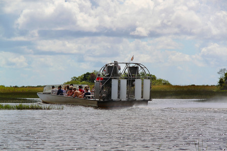 Beautiful view of safari during airboat tour. Group of people in the airboat. Safari park. Airboat rides. Miami. Floridaの写真素材