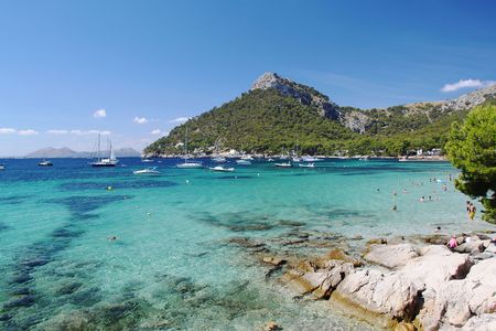 Spain. Palma de Majorca. Blue water of Mediterranean sea. Fantastic view on beach. Beautiful background.の写真素材