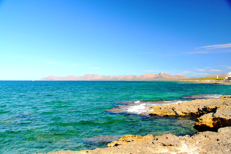 Turquoise sea water and blue sky. Beautiful background. Spain. Palma de Majorcaの写真素材
