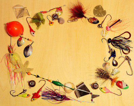Handmade fishing tackles on white backgroundの写真素材