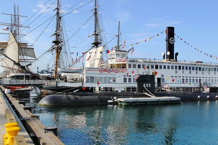Beautiful view on an old submarine and ships in the Maritime Museum of San Diego. USA. Blue sky background. 9 September 2012.のeditorial素材