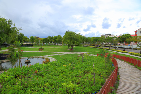 Beautiful view of park with pond, green plants and small bridge.Blue sky with white clouds on background. Gorgeous natural landscape. Maldives. Hulhumale Island.の写真素材
