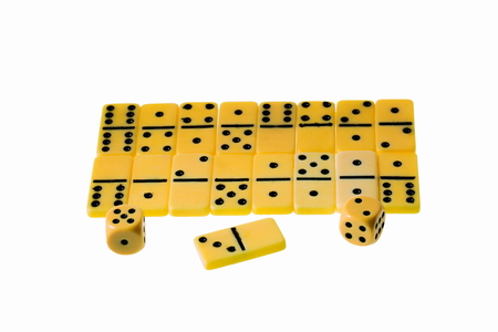 Close up view of domino chips and dice isolated on white background with clipping path. Gaming background.の写真素材