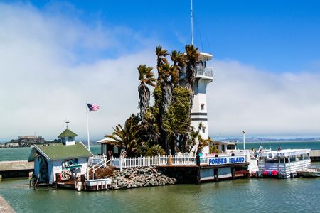 View on beautiful Lighthouse located near Alcatraz prison. Pacific ocean USA. San Francisco. 08.13.2015のeditorial素材