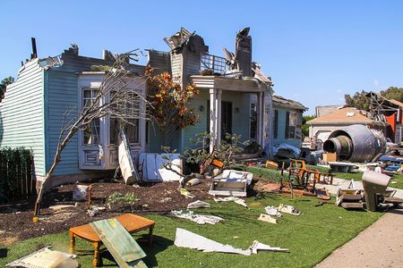 Paramount Studios Pictures Destroyed building after plane crash scene. Los Angeles, Hollywood.のeditorial素材