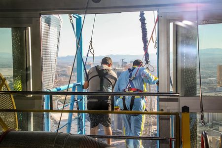 People preparing for a sky jump from the Stratosphere Tower and the Las Vegas Strip. Beauutiful backgrounds. 09.16.2012. Las Vegas. USA.のeditorial素材