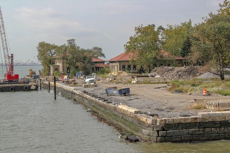 View of constraction zone on Ellis island. Historical places background. USA. New York.の写真素材