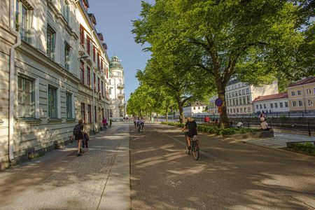 View of the street of Uppsala, Sweden, Europe. Buildings on blue sky background. 06.06.2019.のeditorial素材