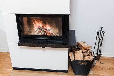 Beautiful view of burning wood in fireplace. Beautiful backgrounds. Swedenの写真素材