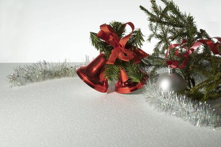 Close up view of christmas decoration and red bells. isolated on white background. Beautiful christmas backgrounds.の写真素材