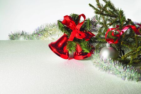 Close up view of christmas decoration and red bells. isolated on background. Beautiful christmas backgrounds.の写真素材
