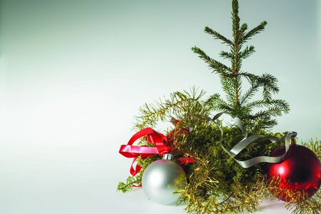 Close up view of christmas decoration isolated on green background. Beautiful christmas backgrounds.の写真素材