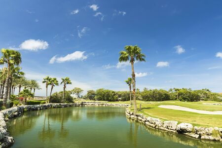 Beautiful tropical natural landscape view. Green grass field and pond water surface on blue sky with rare white clouds background.の写真素材