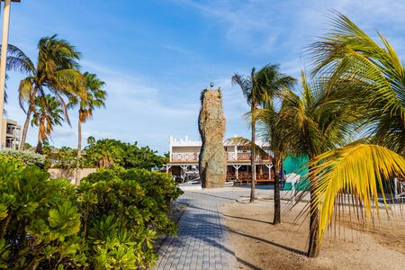 Beautiful exterior view of outdoor hotel area. Training wall for climbimg surrounded of green palm trees on blue sky background. Willemstad. Curacao. 17.17.2019.のeditorial素材