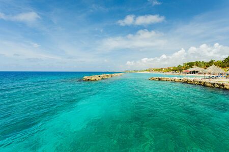 Amazing view of turquoise water and blue sky with white clouds Caribbean. Beautiful nature background.の写真素材