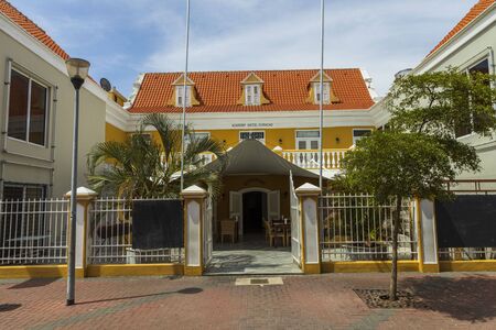Close up view of front entrance of Academy Hotel Curacao. Tourism concept. Willemstad. Curacao.のeditorial素材