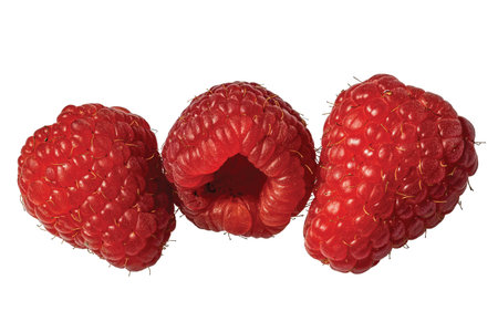 Close up view of fresh colorful raspberries isolated on white background. Beautiful background.