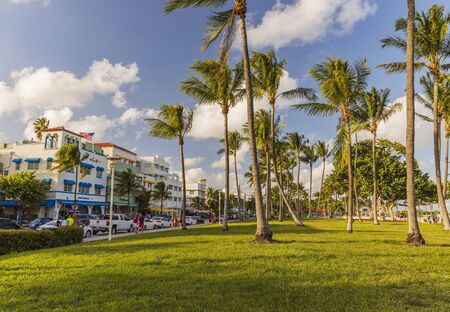 Beautiful landscape view of Miami South Beach. Buildings on one side and palm trees on another side. Blue sky and white clouds on background.USA. Miami 09/23/2019.のeditorial素材