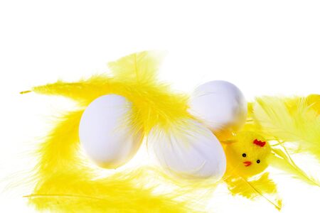Close up view of white eggs and yellow feathers and chick figures isolated on white background. Easter concept.の写真素材