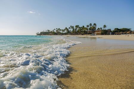 Big wave in Caribbean sea is breaking the coast. Eagle Beach of Aruba Island. Beautiful nature background.の写真素材