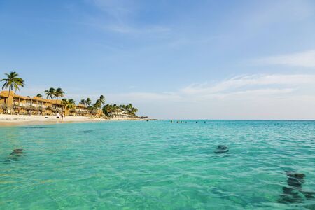 Amazing view of turquoise water of Atlantic ocean and blue sky with white clouds. Eagle Beach of Aruba Island. Caribbean. Beautiful nature background.の写真素材