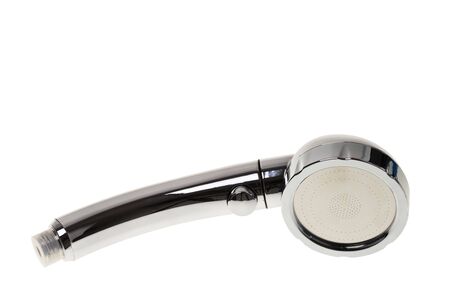 Close up view of silver colored shower head on white background isolated.の写真素材